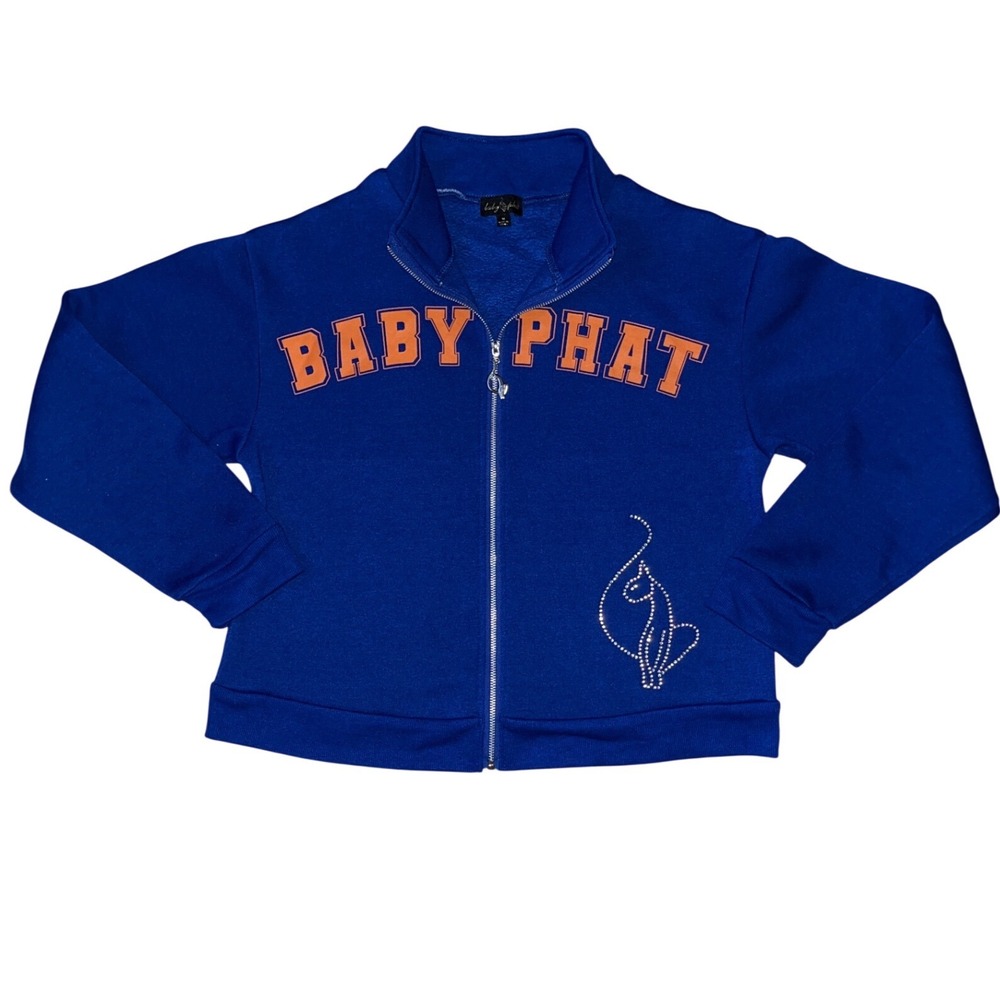 Baby Phat Royal Blue Full Zip Sweatshirt Orange Varsity Logo Rhinestone Cat M